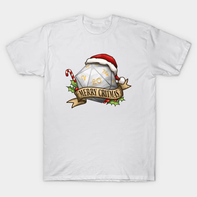 D20 Merry Critmas Dice White T-Shirt by Takeda_Art